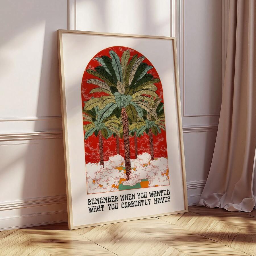 Front view of frameless tropical palm tree canvas art for bohemian home decor
