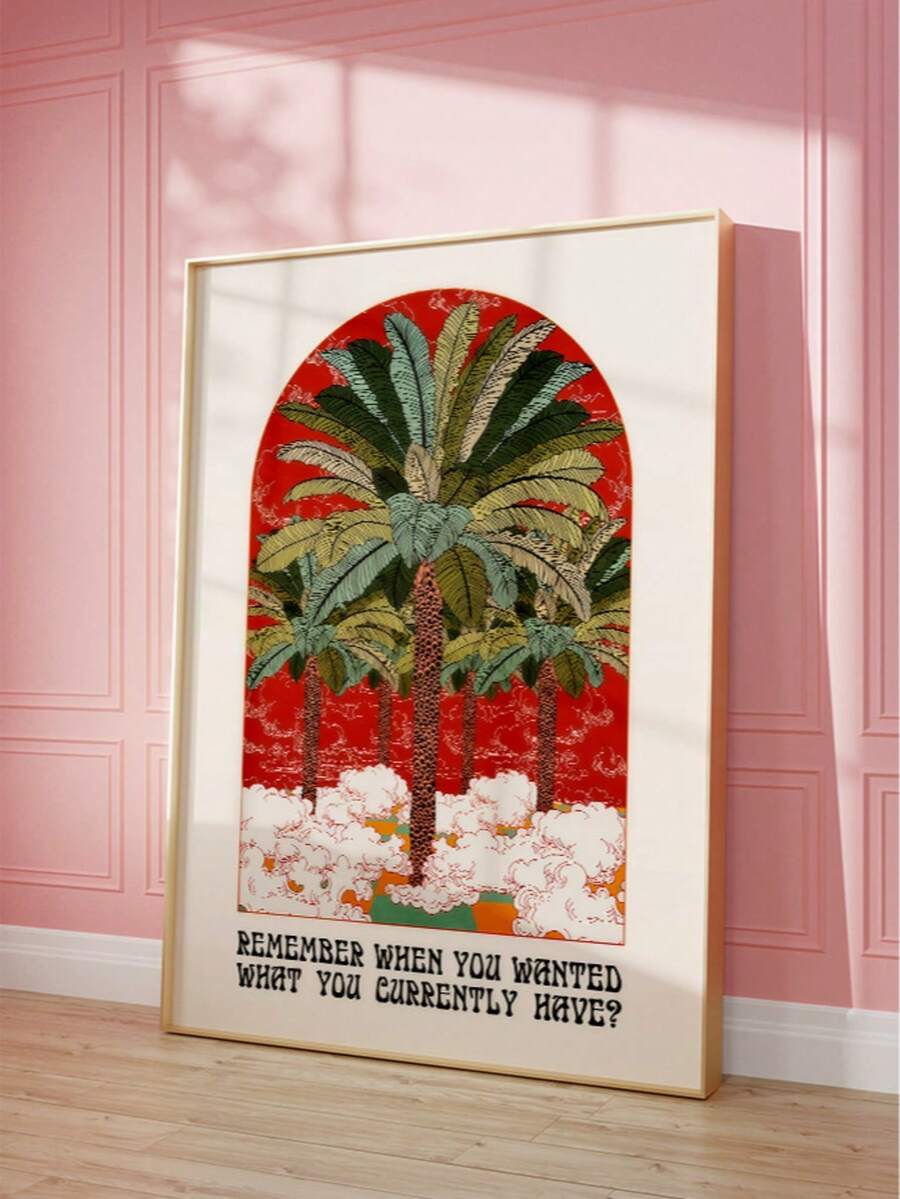 Front view of frameless tropical palm tree canvas art for bohemian home decor
