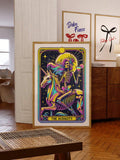 Neon skeleton poster with unicorn and psychedelic occult pop style