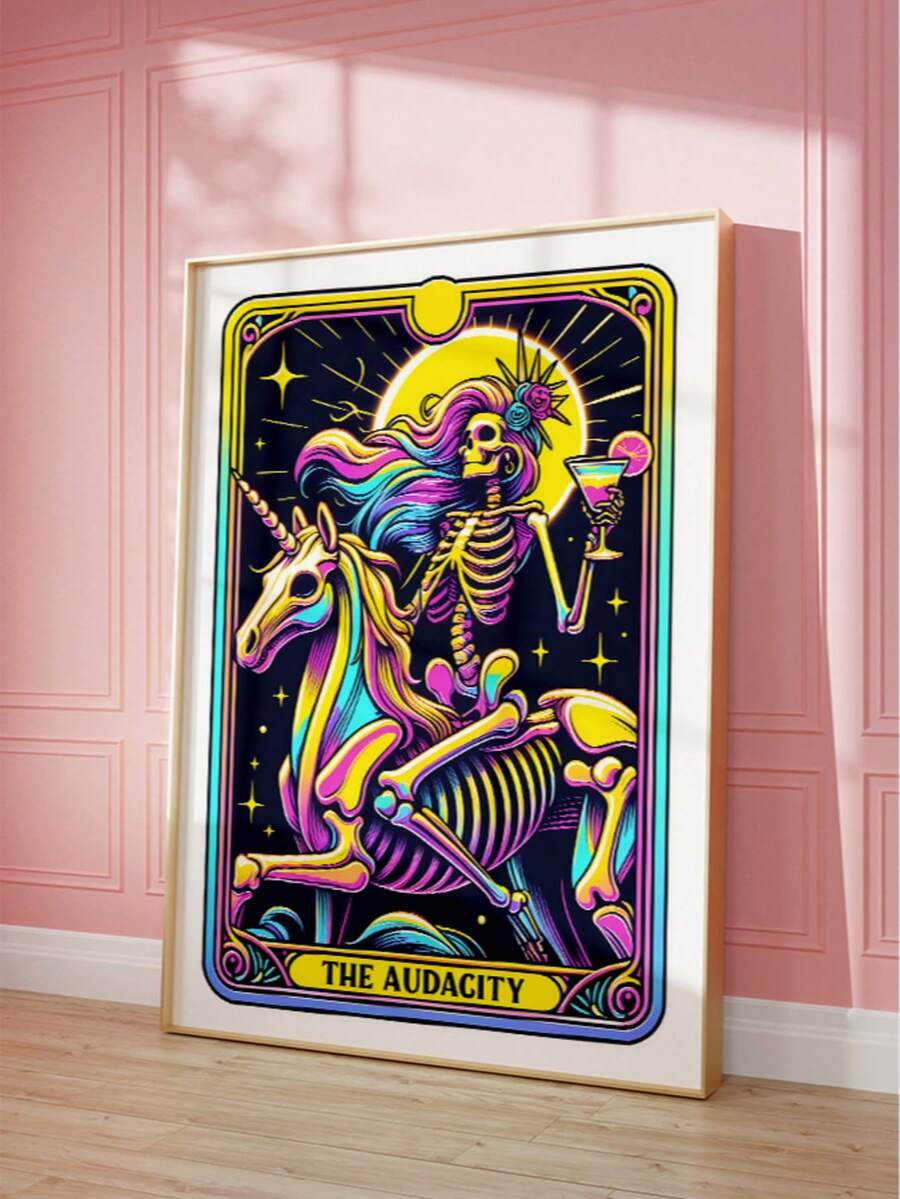 Skeleton unicorn canvas with moon stars cocktail glass and neon colors