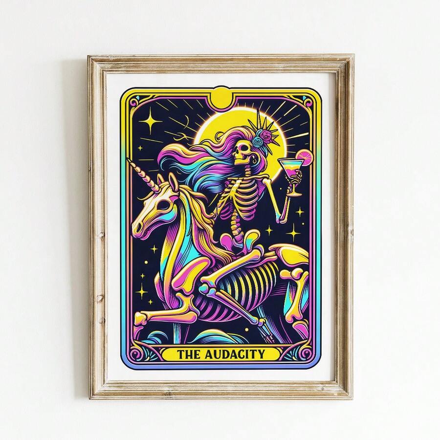 Gothic tarot print shown as colorful skeleton fantasy poster art