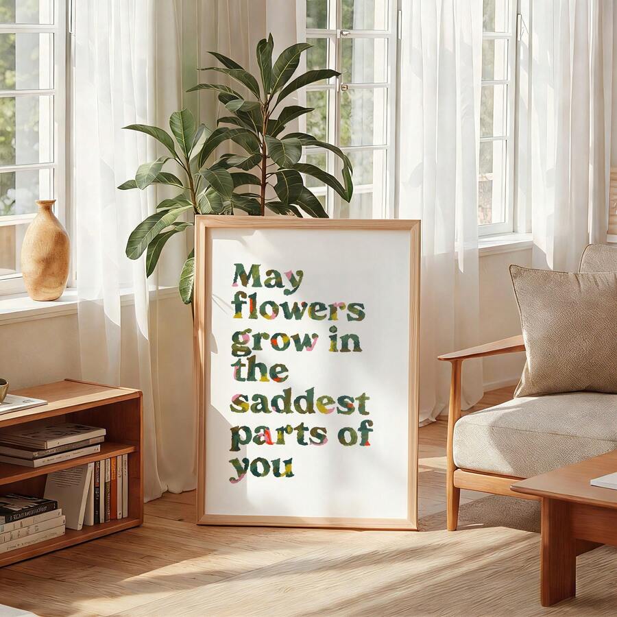 Transform your space with this stunning canvas art featuring an uplifting message: "May Flowers Grow In The Saddest Parts Of You." Perfect for bedrooms, home offices, or living areas, this piece combines vintage French country charm with modern sensibility. Crafted on durable, waterproof canvas, it blends botanical elements with inspiring typography to create a focal point that sparks conversation and encourages reflection. The soft, timeless aesthetic complements any décor style while delivering a daily do