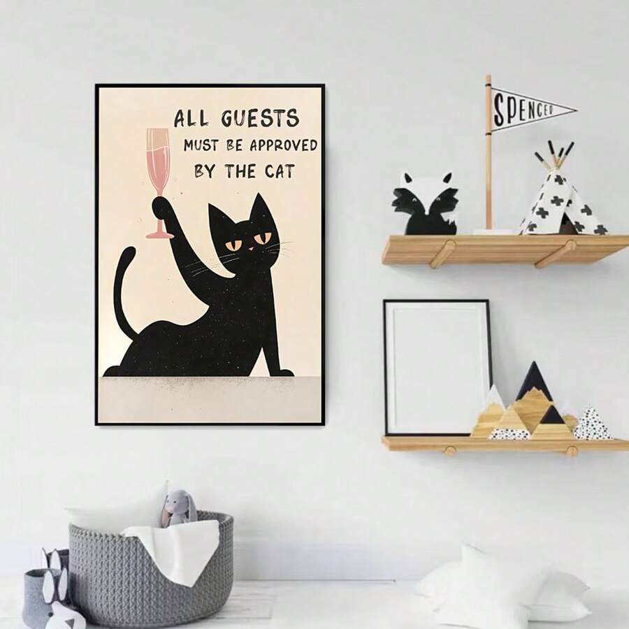 Large black cat quote poster on white wall shelves
