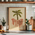 Minimal retro poster of palm tree table and outdoor chairs