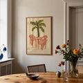 Warm tropical canvas with palm tree and mid century patio seating