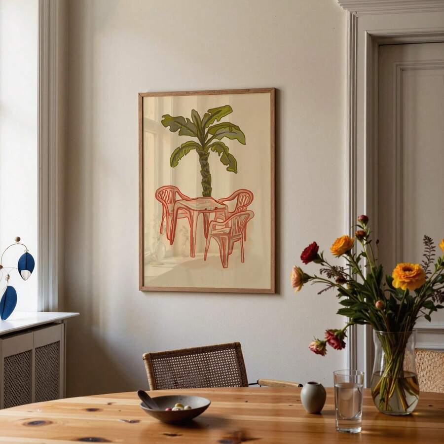 Warm tropical canvas with palm tree and mid century patio seating