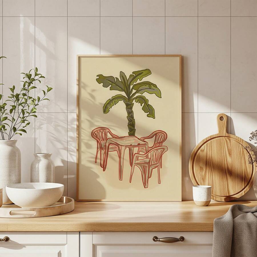 Tropical patio wall art with palm tree and red chairs