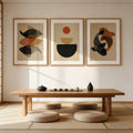 Neutral coffee-tone fish wall art triptych with geometric shapes