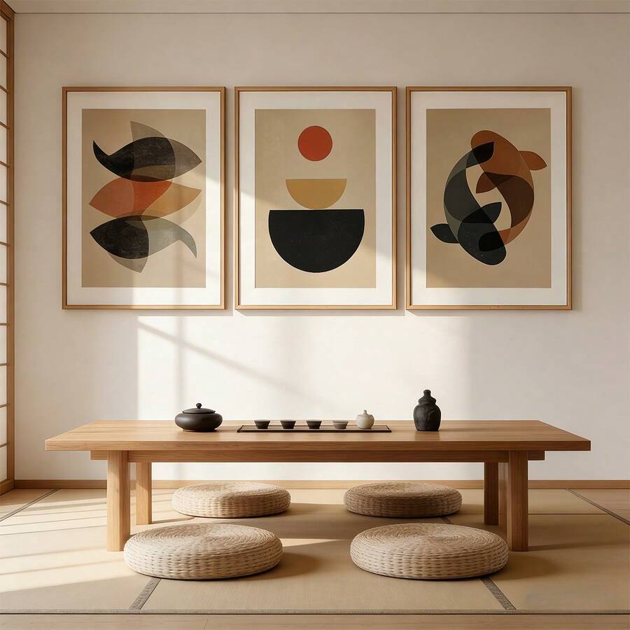 Neutral coffee-tone fish wall art triptych with geometric shapes