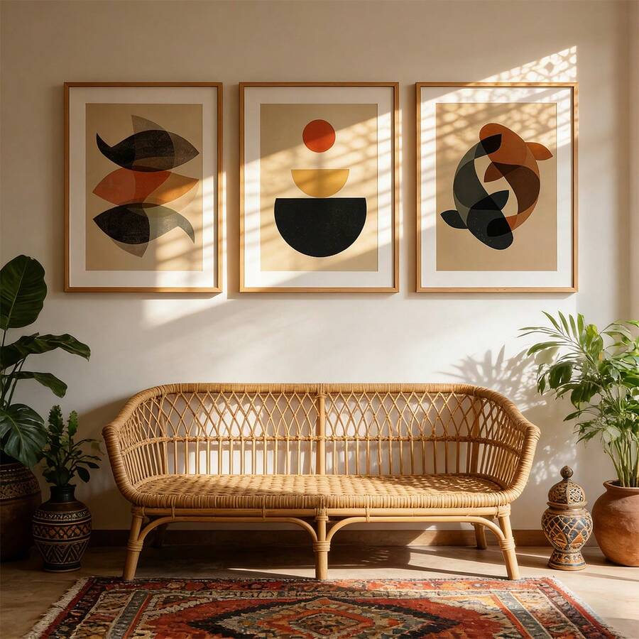 Three-piece abstract canvas set in beige and brown tones