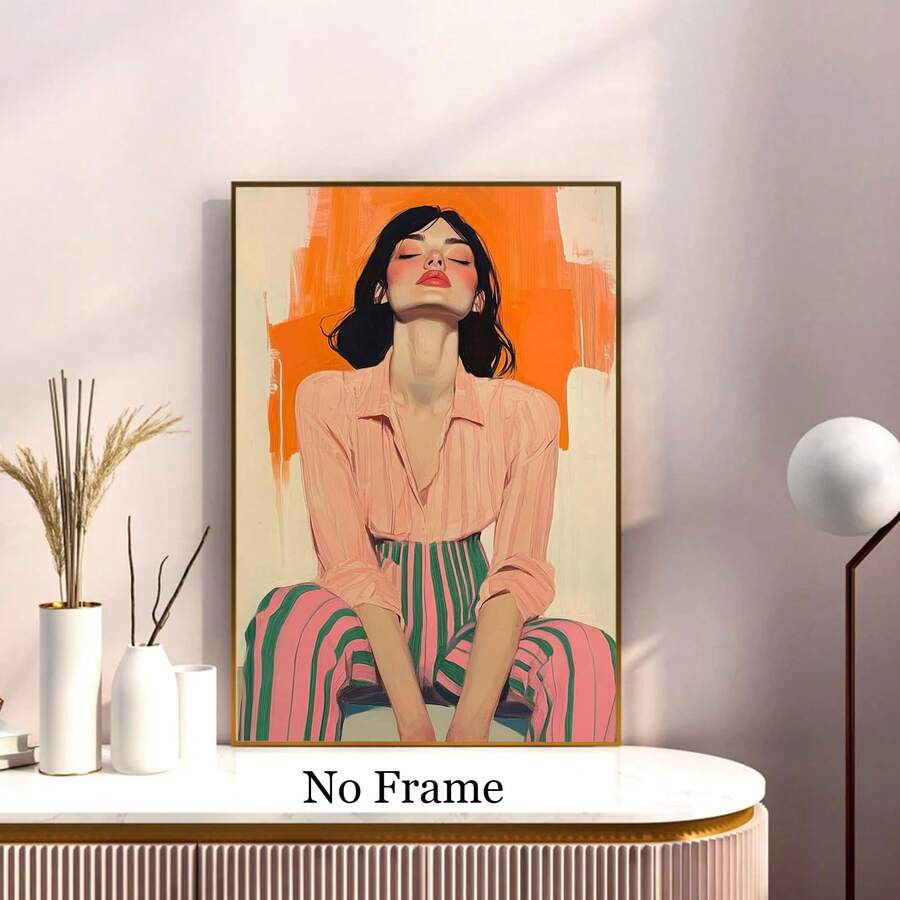 Orange and pink fashion portrait poster staged above a ribbed console with white ceramics