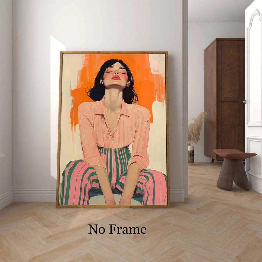 Colorful female portrait canvas leaning in a bright hallway with pale herringbone flooring