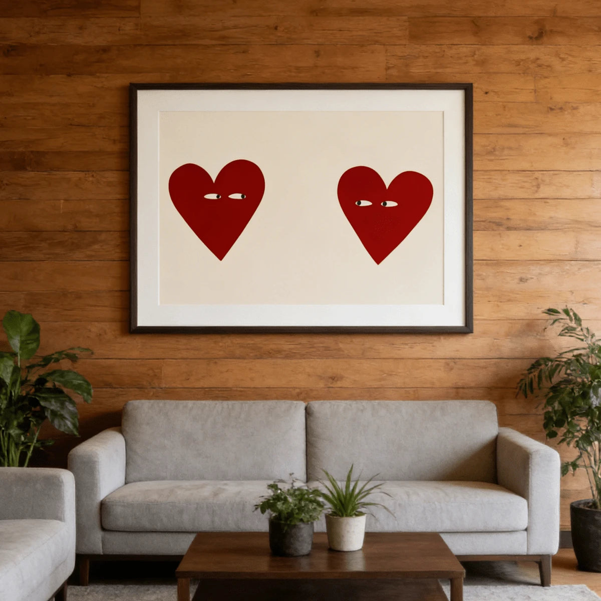 Black framed red heart artwork on a wood paneled wall