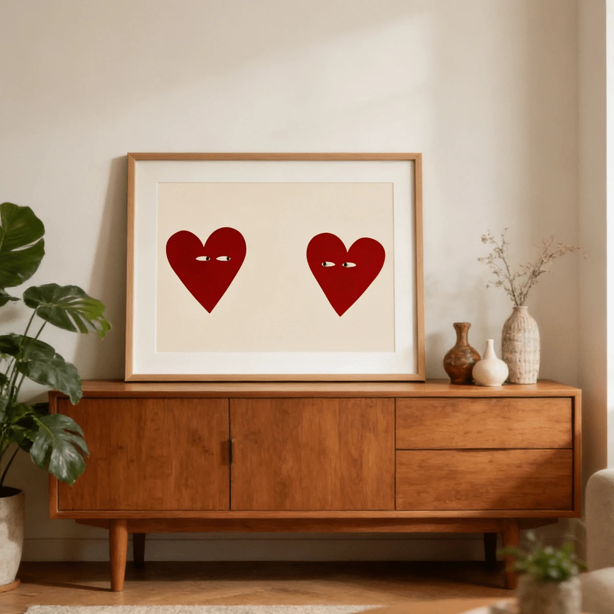 Red heart pair print on a living room sideboard