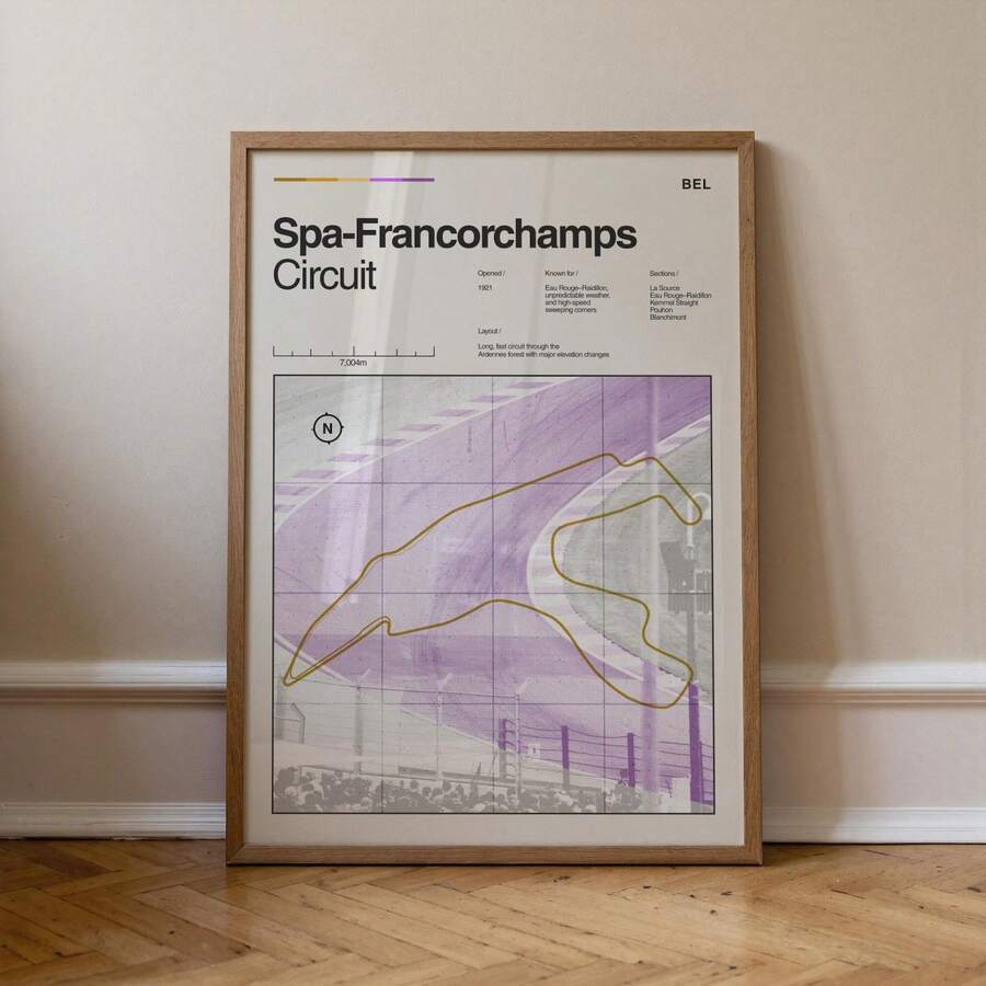 Vintage Spa-Francorchamps Circuit Retro Motorsport Track Map Canvas Poster 