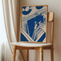 Blue abstract world map vinyl record poster on wooden chair