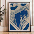 Large framed blue record shop world map wall art