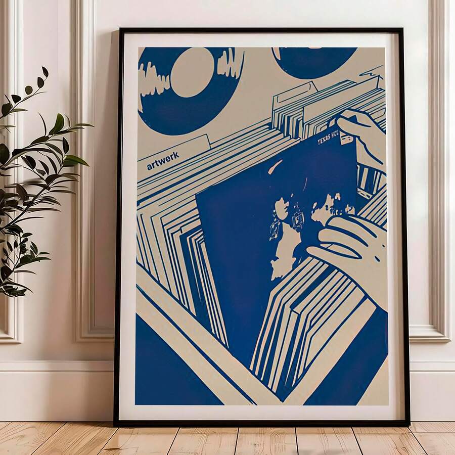 Large framed blue record shop world map wall art