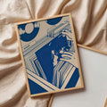 Blue abstract vinyl poster in wood frame on cream fabric