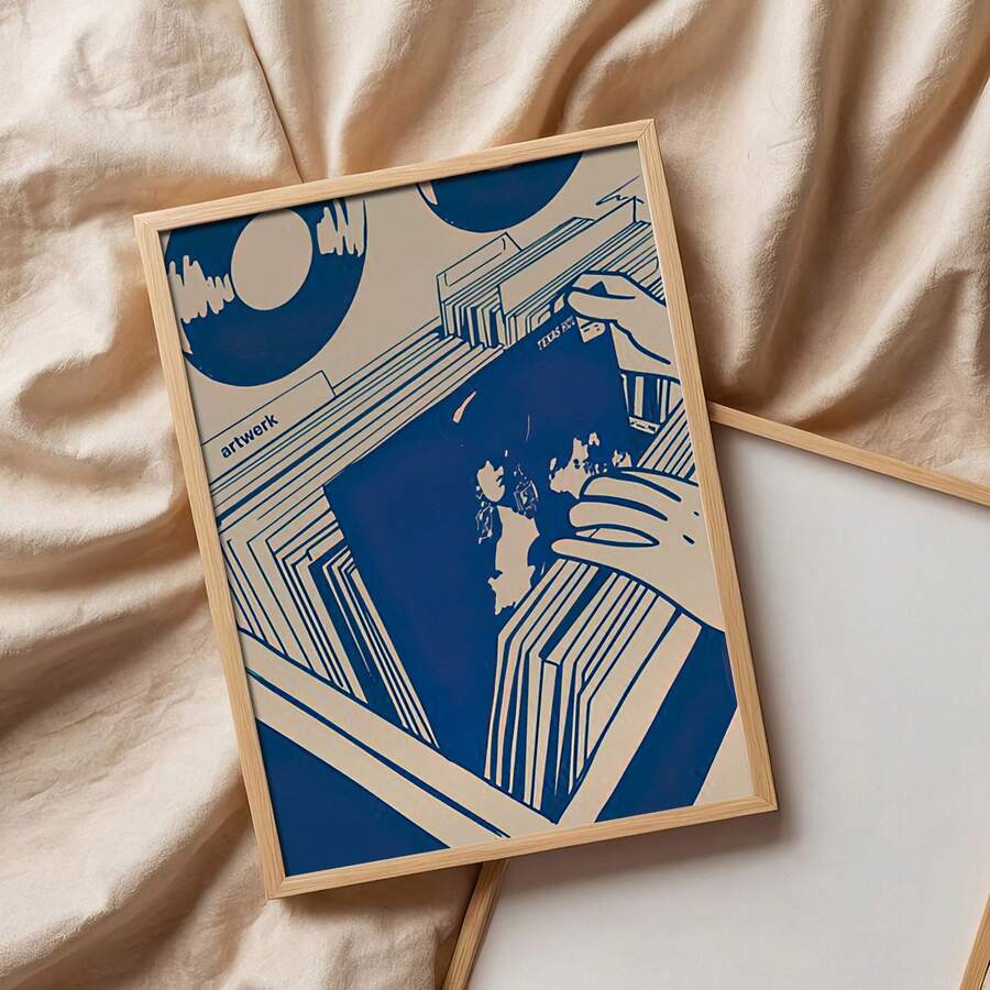 Blue abstract vinyl poster in wood frame on cream fabric