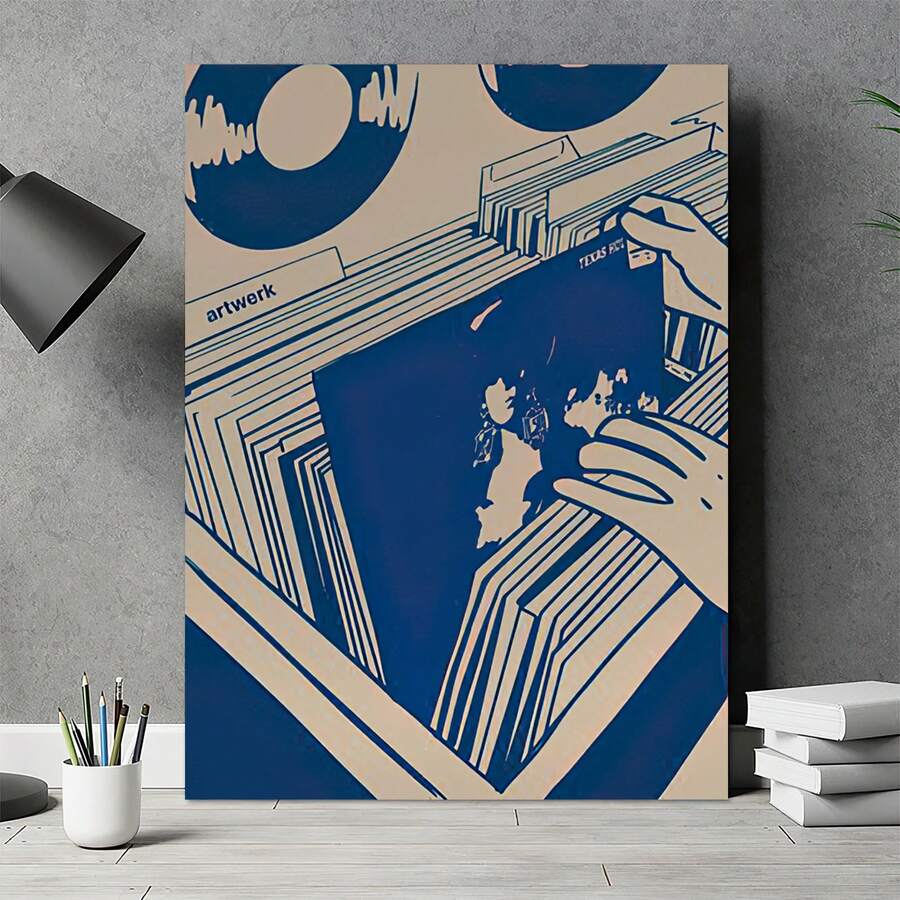 Blue abstract world map vinyl record poster on wooden chair
