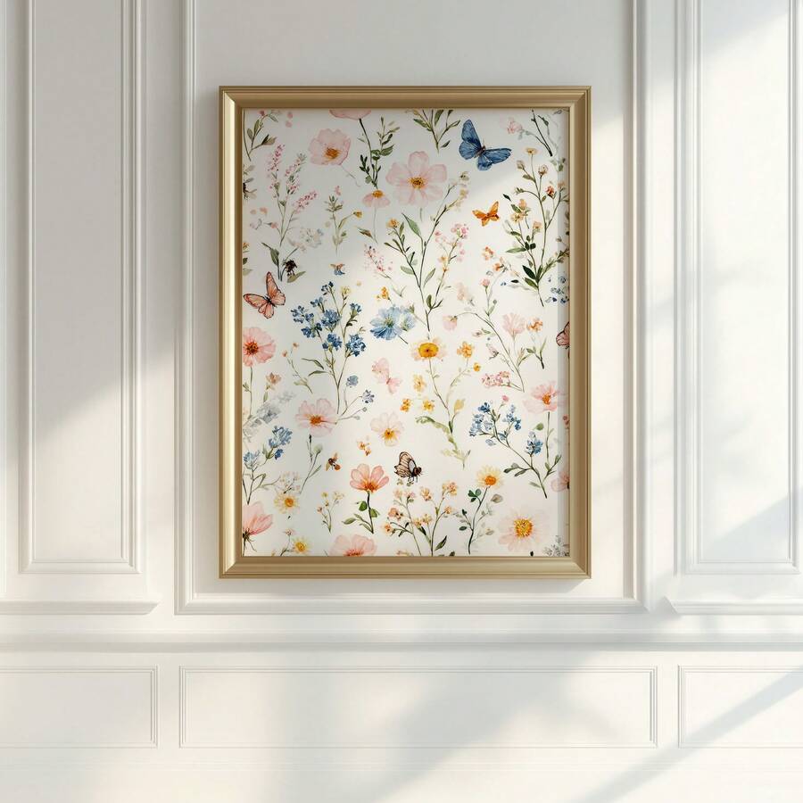 Watercolor wildflowers and butterflies in light wood frame