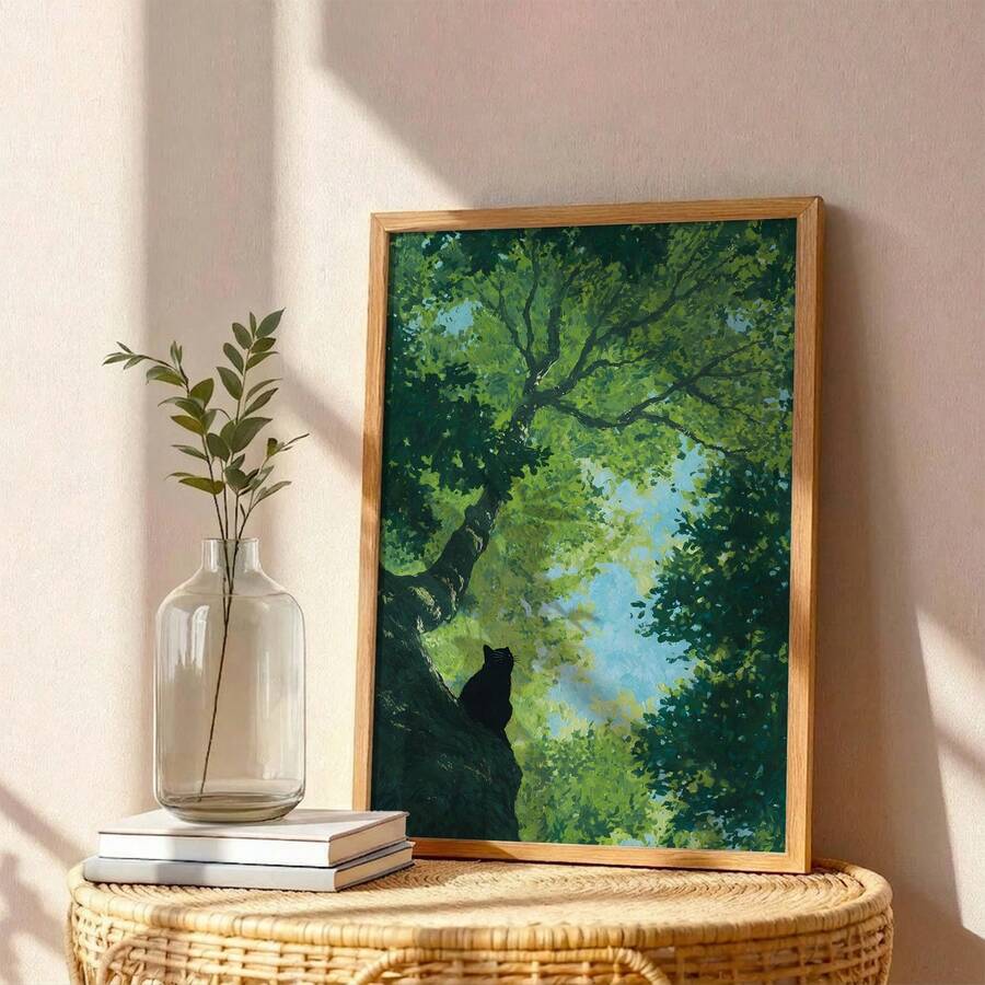 Black Cat In Green Forest Impressionist Landscape Canvas Poster