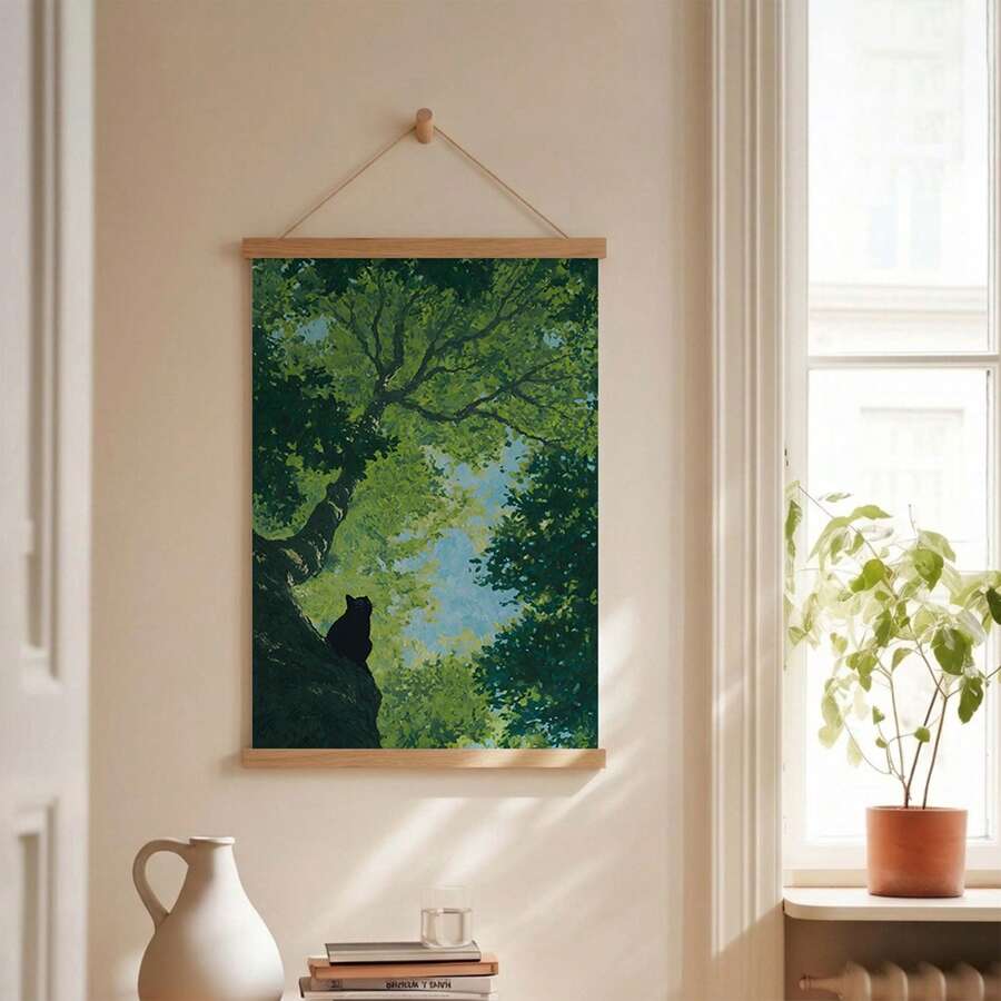 Black Cat In Green Forest Impressionist Landscape Canvas Poster