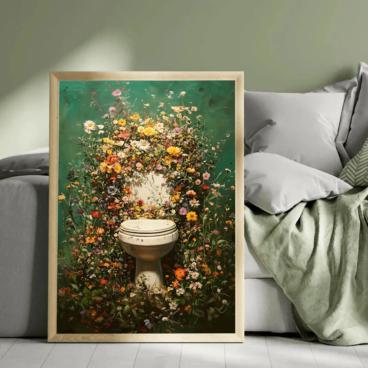Cottagecore floral bathroom print leaning beside bed