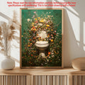 Country garden toilet poster displayed on wood console