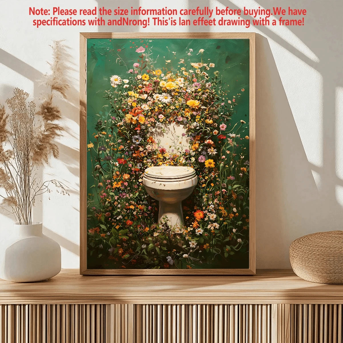Country garden toilet poster displayed on wood console