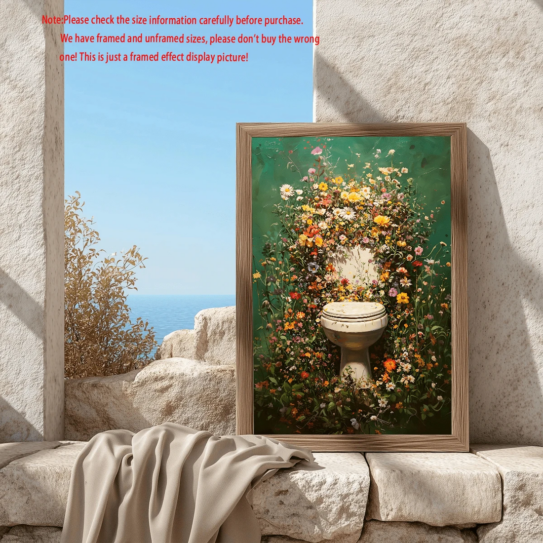Whimsical toilet and wildflower garden poster in wood frame