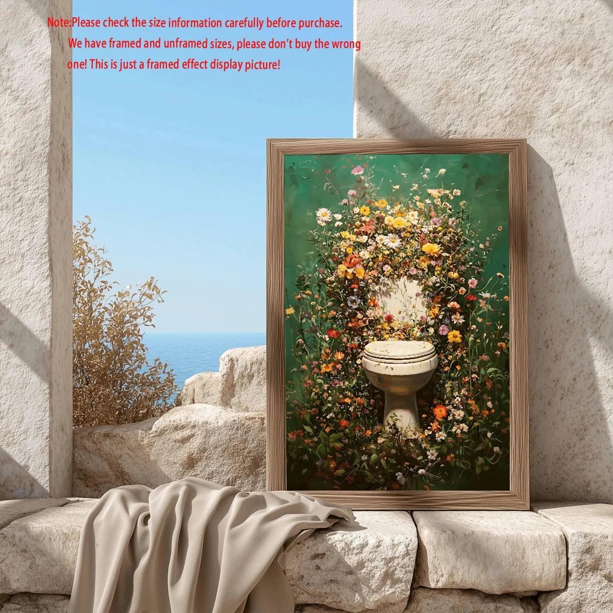 Floral bathroom wall art framed near sunlit coastal window