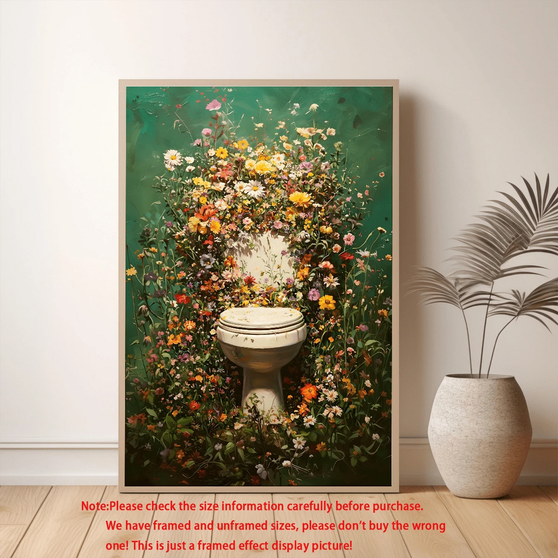 Whimsical toilet and wildflower garden poster in wood frame