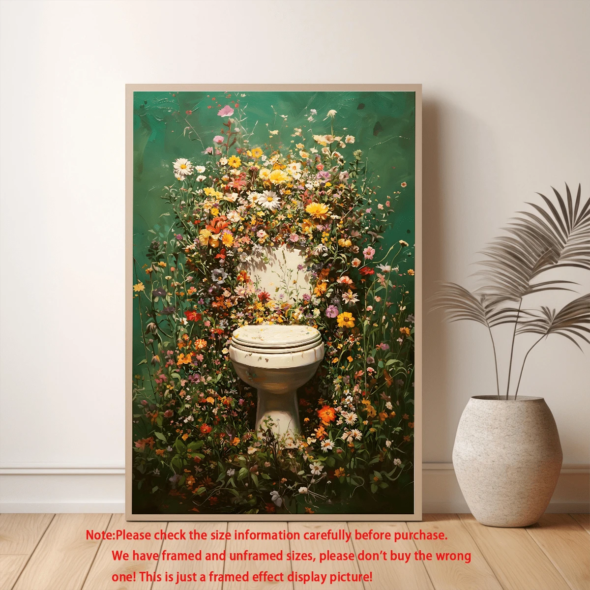 Whimsical toilet and wildflower garden poster in wood frame
