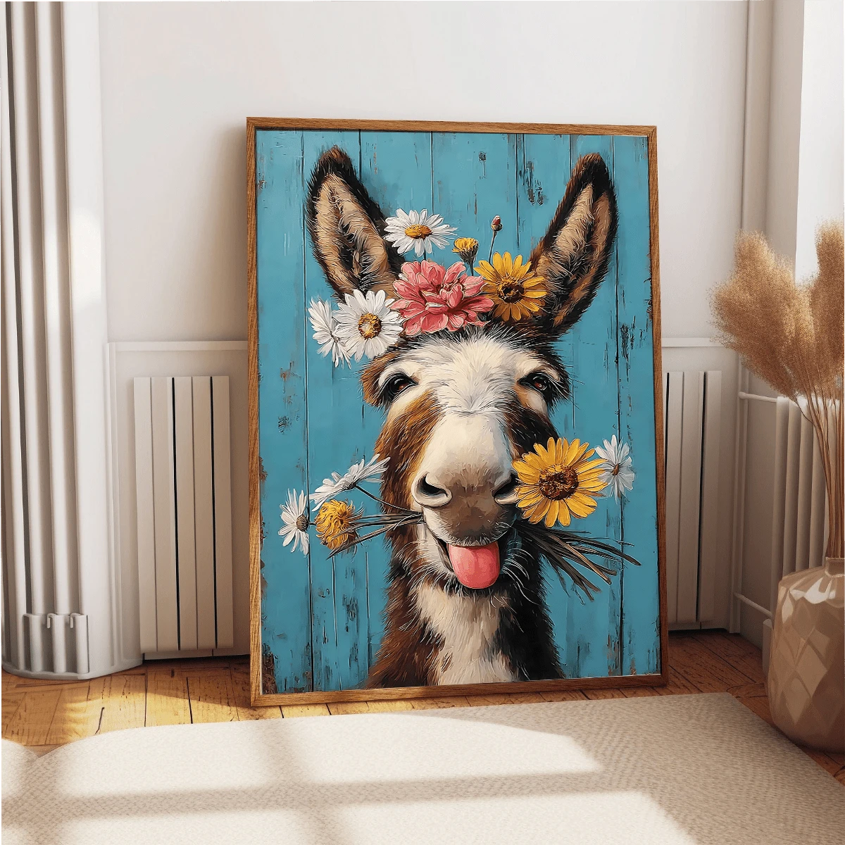 Donkey animal wall art canvas shown with available size and frame options