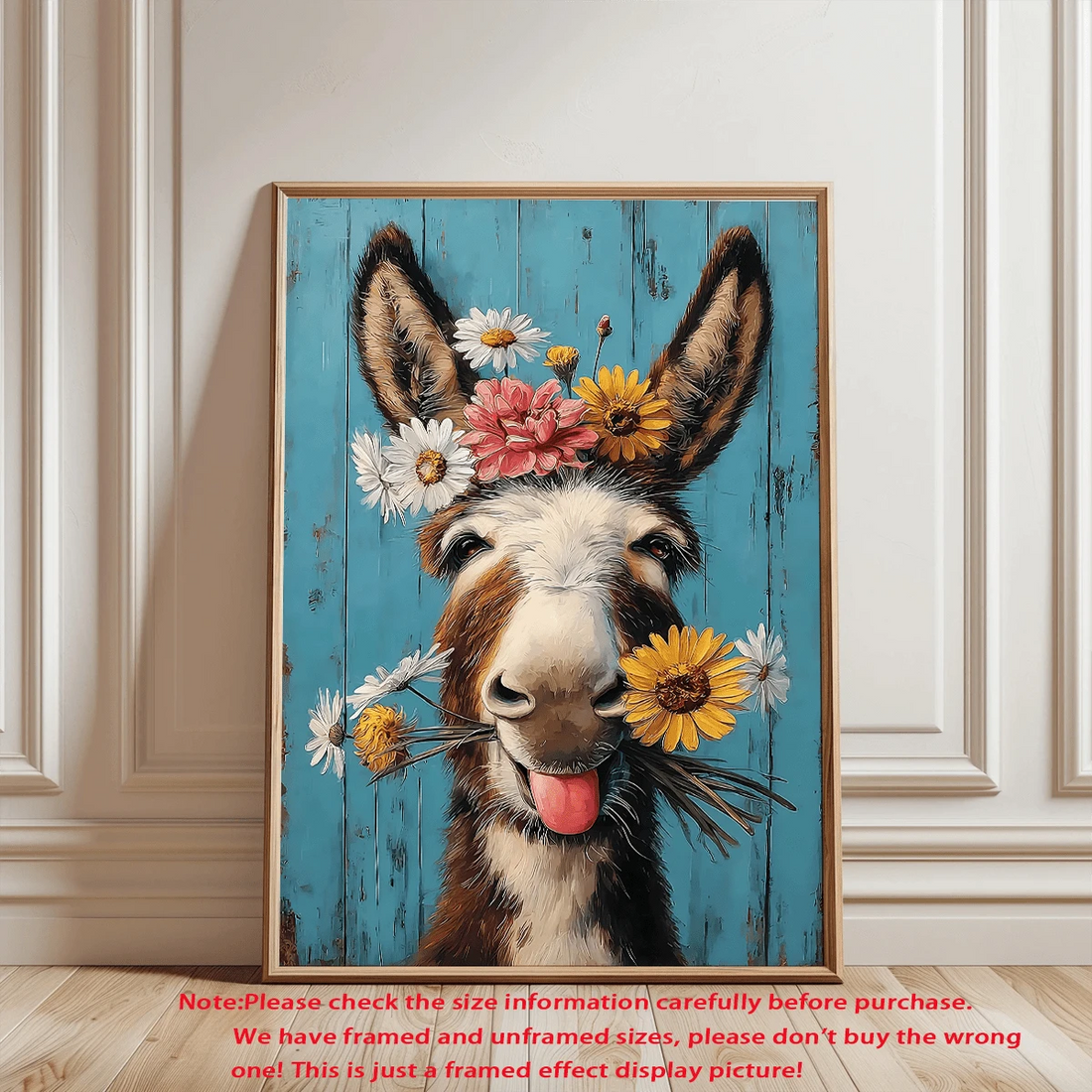 Donkey with flower crown on rustic turquoise background