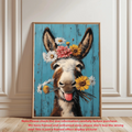 Framed donkey flower crown canvas poster displayed as farmhouse wall decor