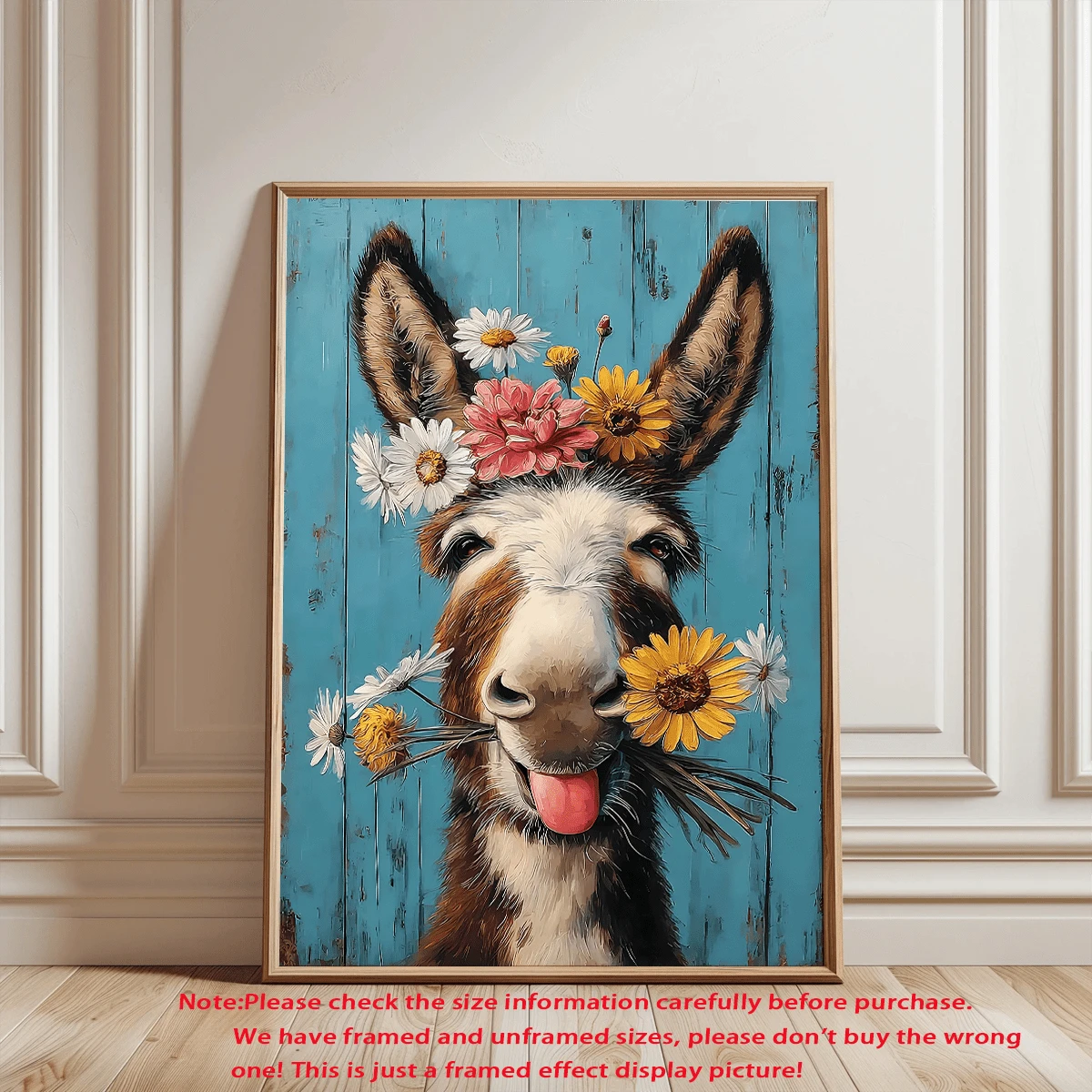 Framed donkey flower crown canvas poster displayed as farmhouse wall decor