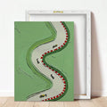 Framed racing art canvas print with bold modern green styling
