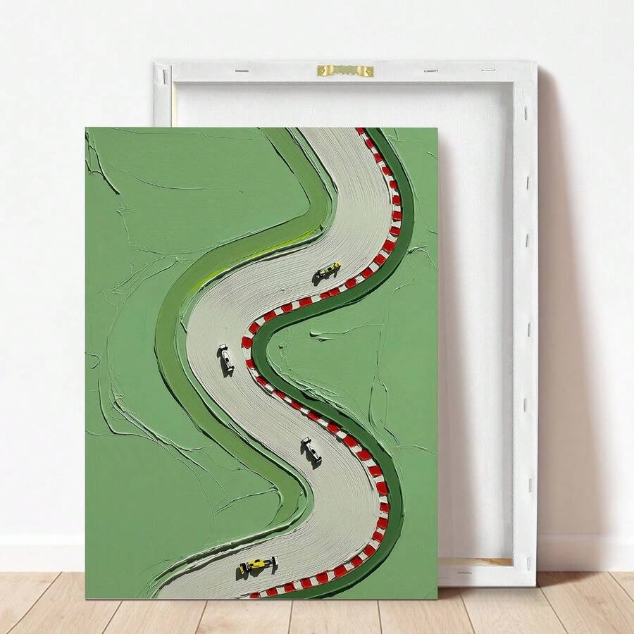 Framed racing art canvas print with bold modern green styling