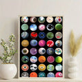 Blue eye and disco ball poster on wall shelf