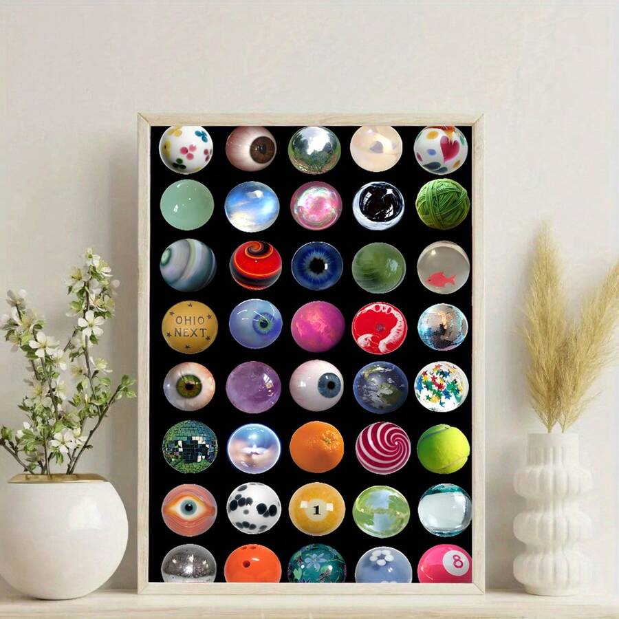 Blue eye and disco ball poster on wall shelf