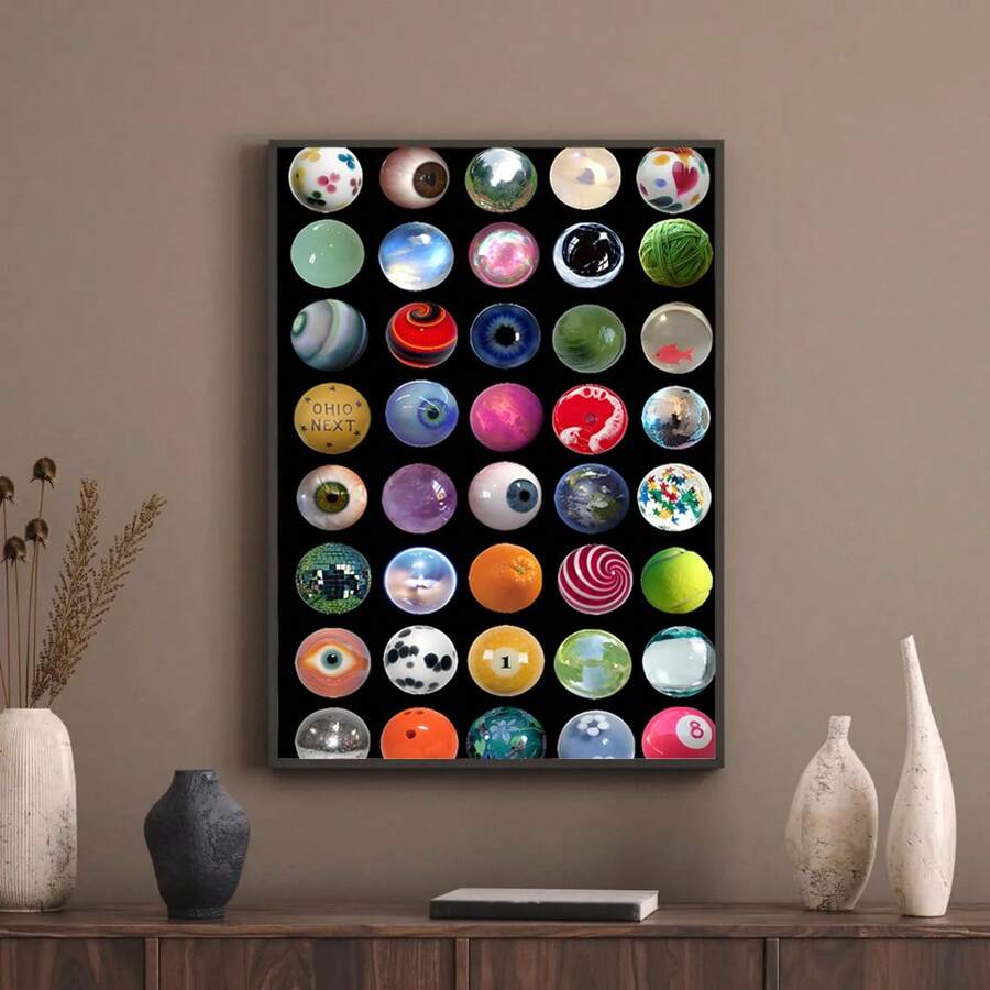 Vintage collage poster above wooden console