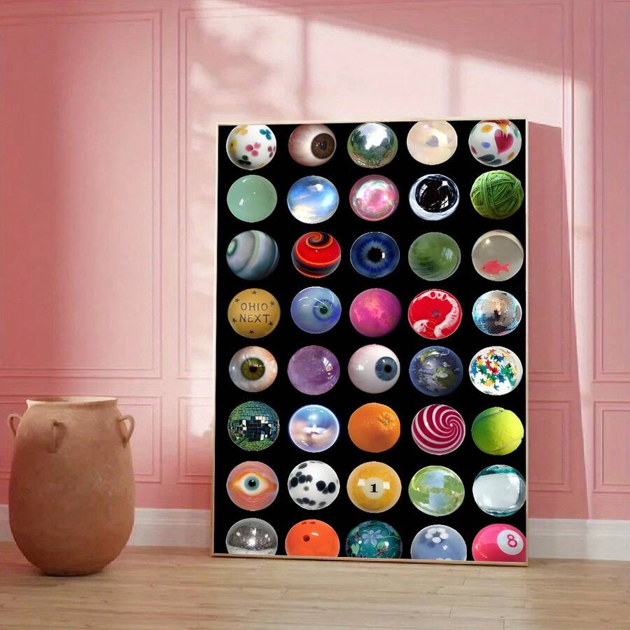 Colorful sphere collage canvas beside floor vase