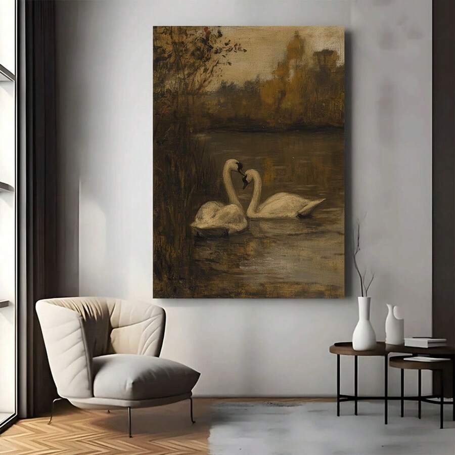 Romantic two swans wall art displayed beside a modern cream armchair