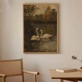 Moody swan couple poster in a warm home office and dining nook