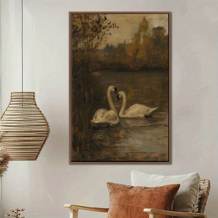 Dark farmhouse swan wall art displayed in a bohemian neutral lounge