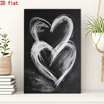 Black canvas with overlapping white chalk hearts beside books and plants