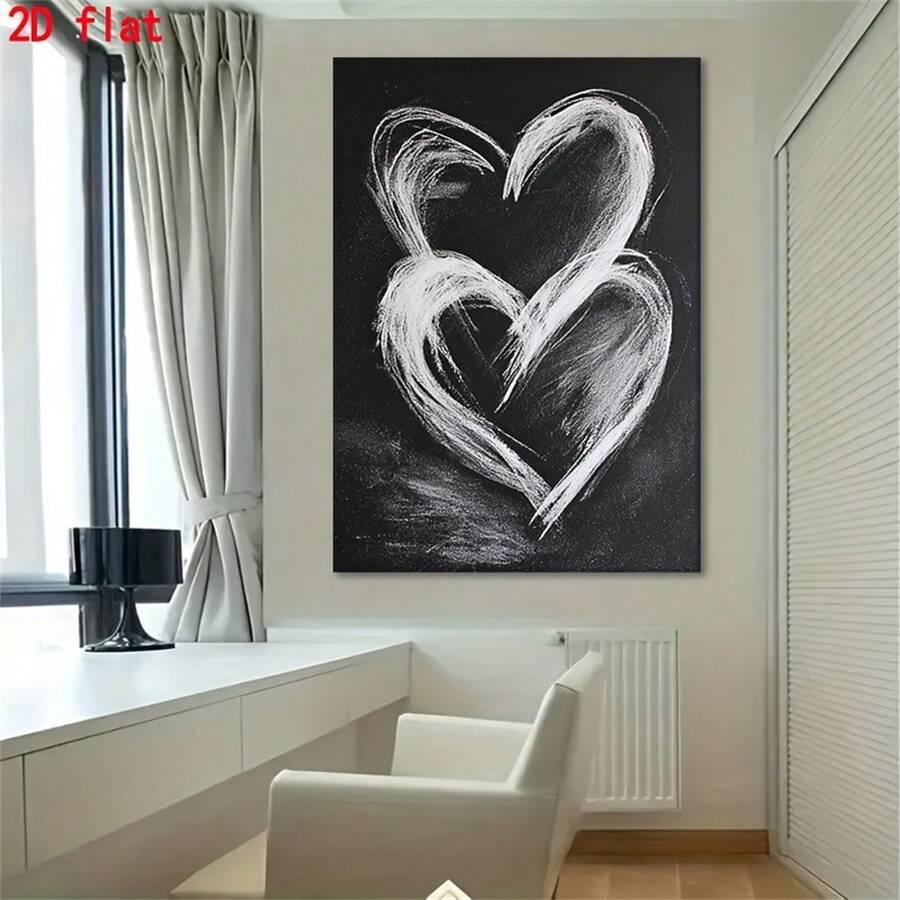 Black and white heart poster hanging over bright minimalist home office